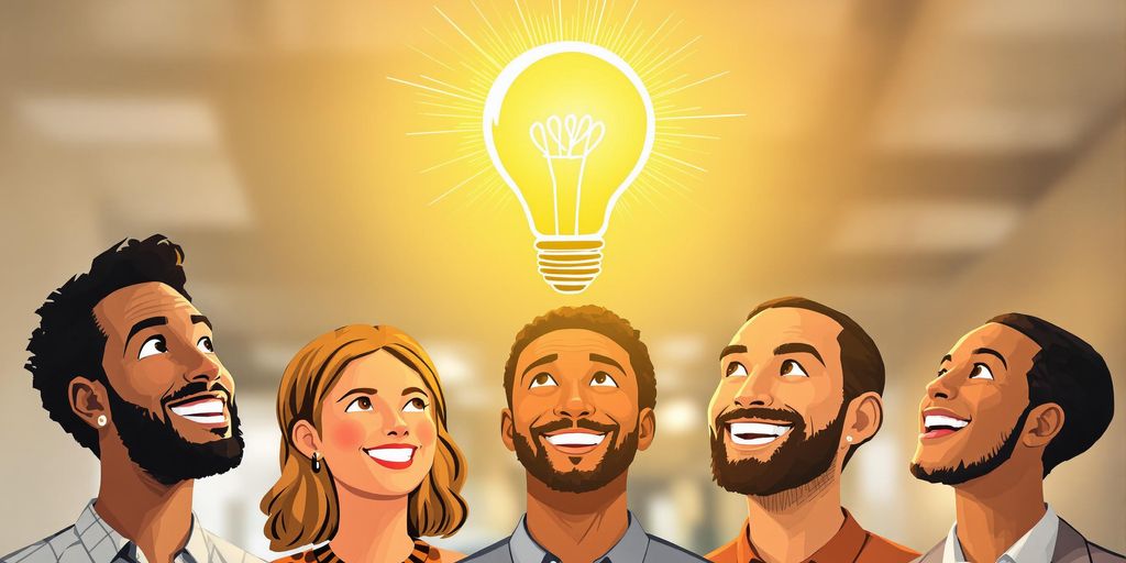 Bright lightbulb above diverse, smiling professional team.