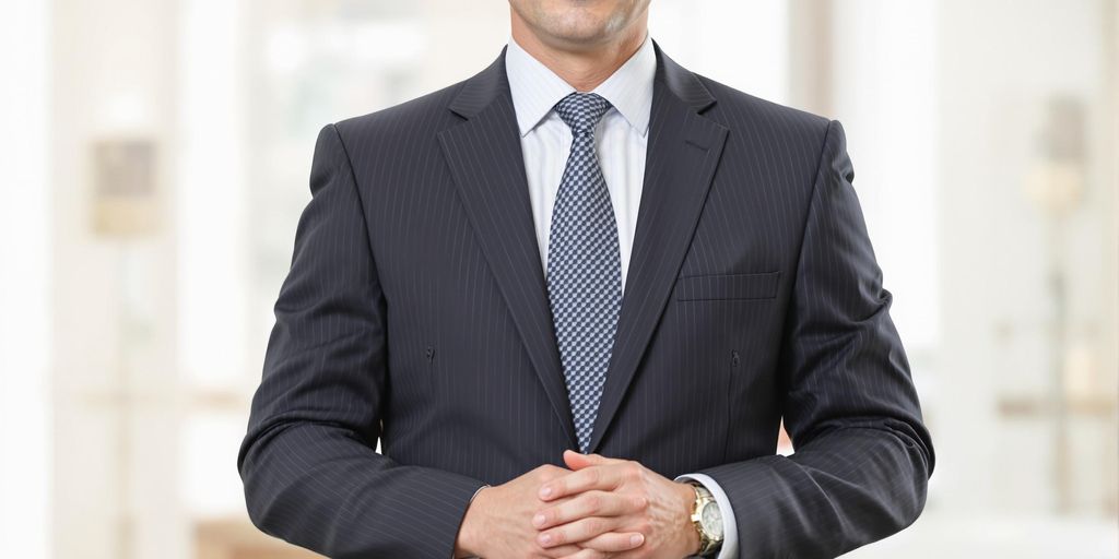 Executive in suit, hands clasped, looking thoughtful