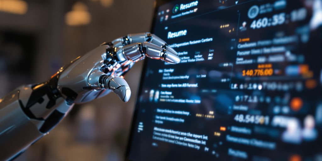 Robot hand building a resume on a screen.