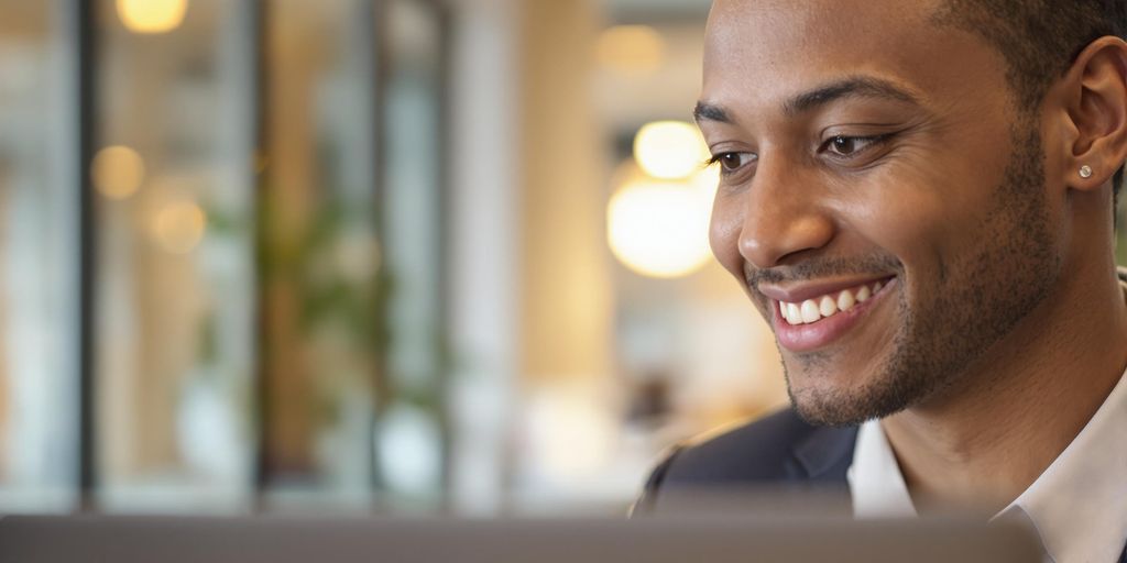 Professional smiling at laptop.