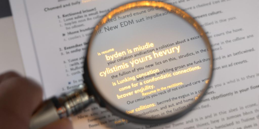 Magnifying glass over resume with glowing keywords.