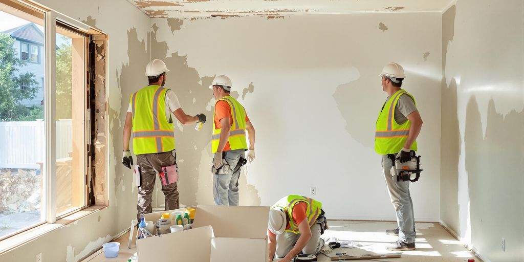 Workers restoring a damaged house