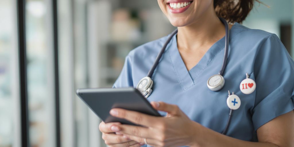 Nurse holding tablet smiling
