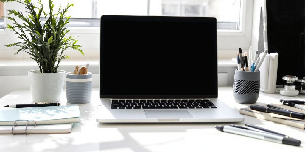 Office items sit on a clean desk.