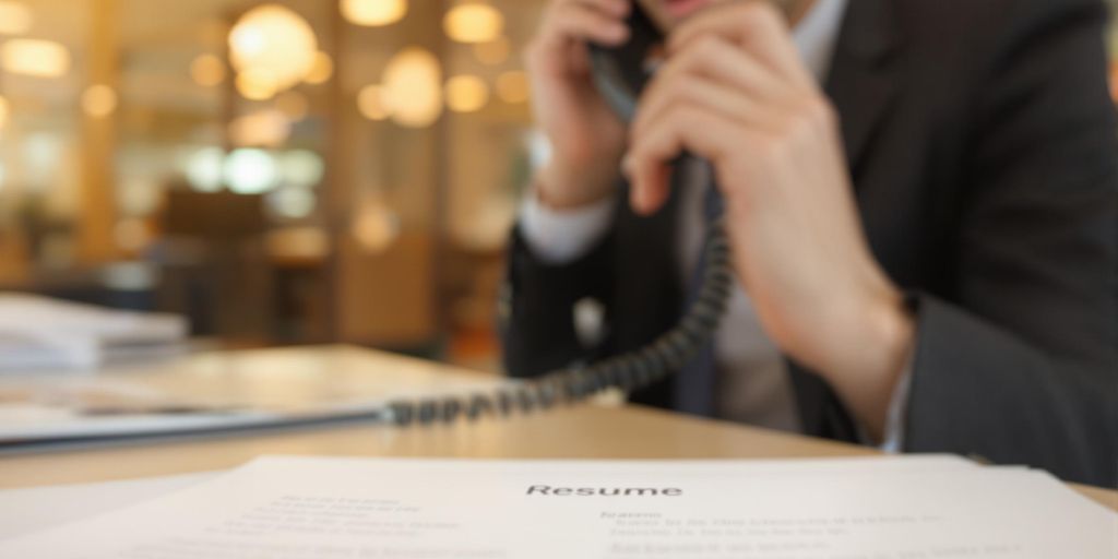 Person making a cold call, resume nearby.
