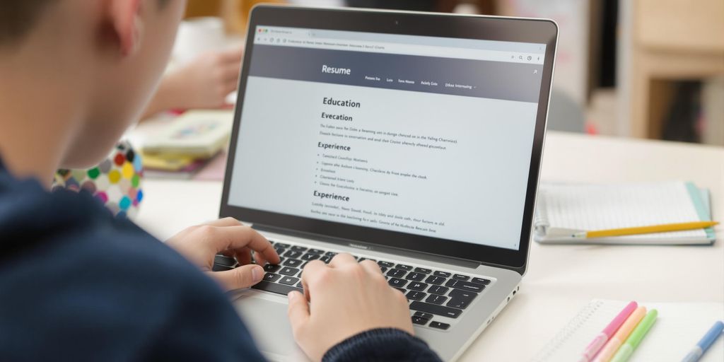 Young student creating resume on laptop