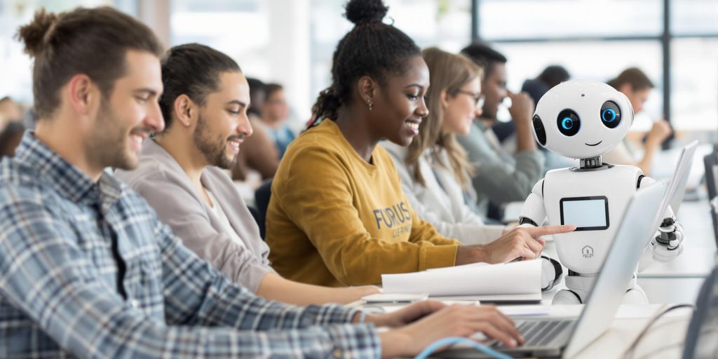 Robots assisting diverse job seekers.