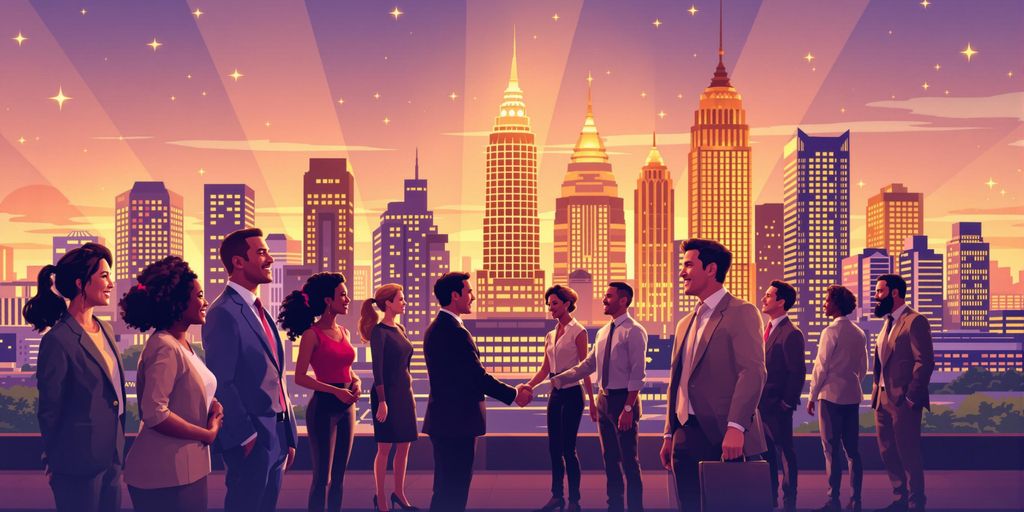 Diverse professionals shaking hands in front of bright Atlanta skyline.