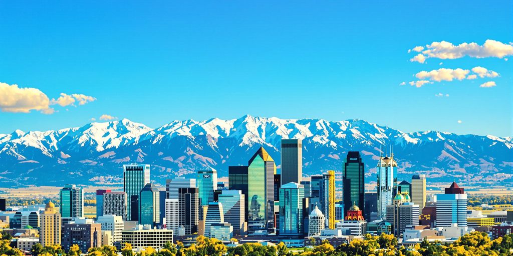 Denver skyline with mountains, sun.