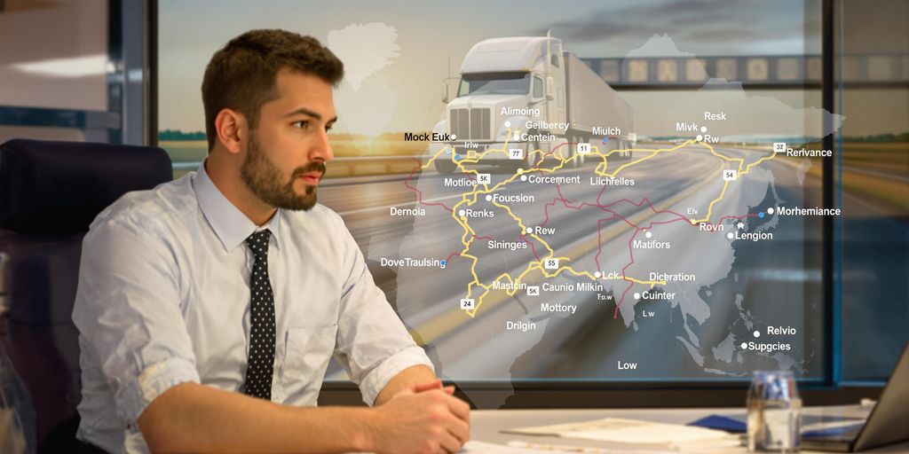 Freight broker with a laptop and a truck illustration