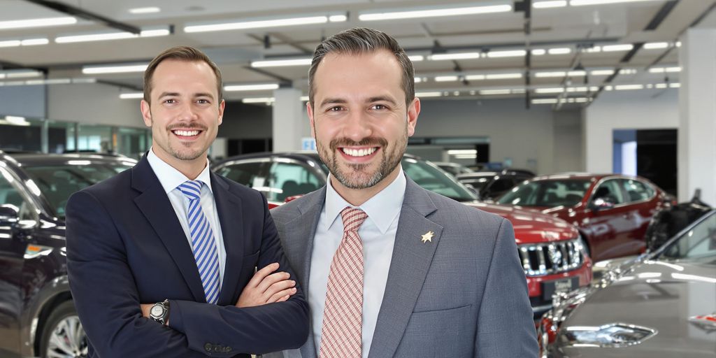 Man in suit, car dealership, illustrative graphic.