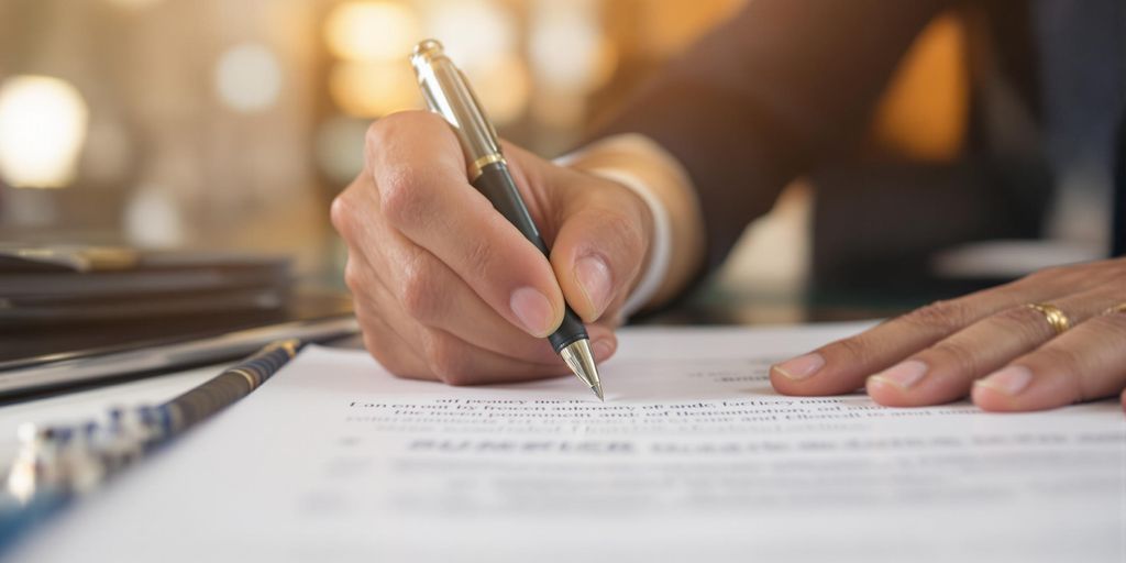 Polished document, elegant pen, professional desk setting.