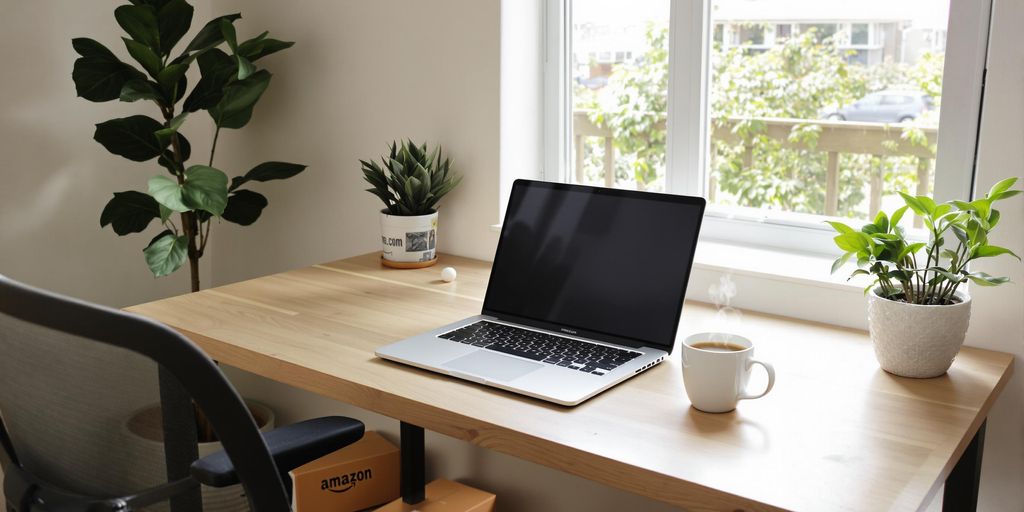 Home desk with laptop, coffee mug, plant, chair, Amazon box.