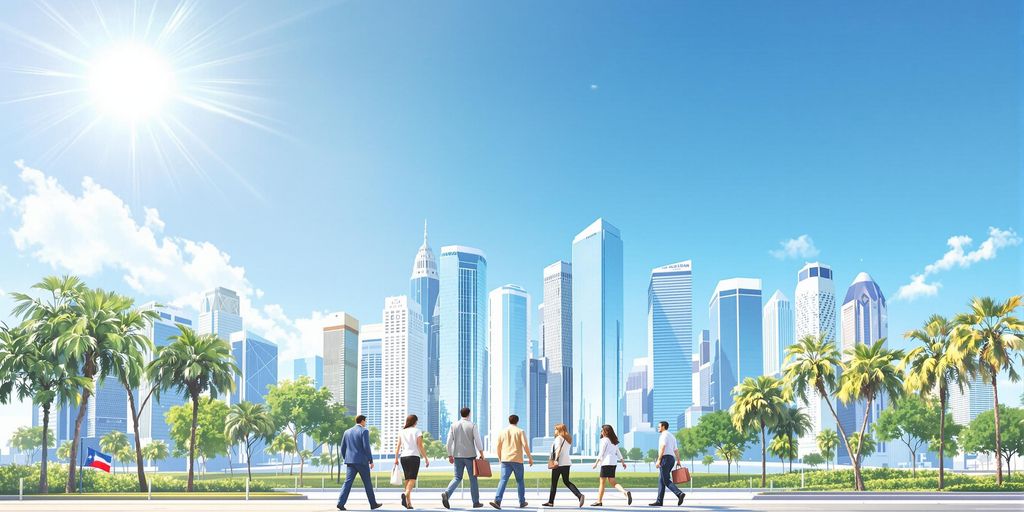 Diverse professionals walking toward modern Houston skyline under clear sky.
