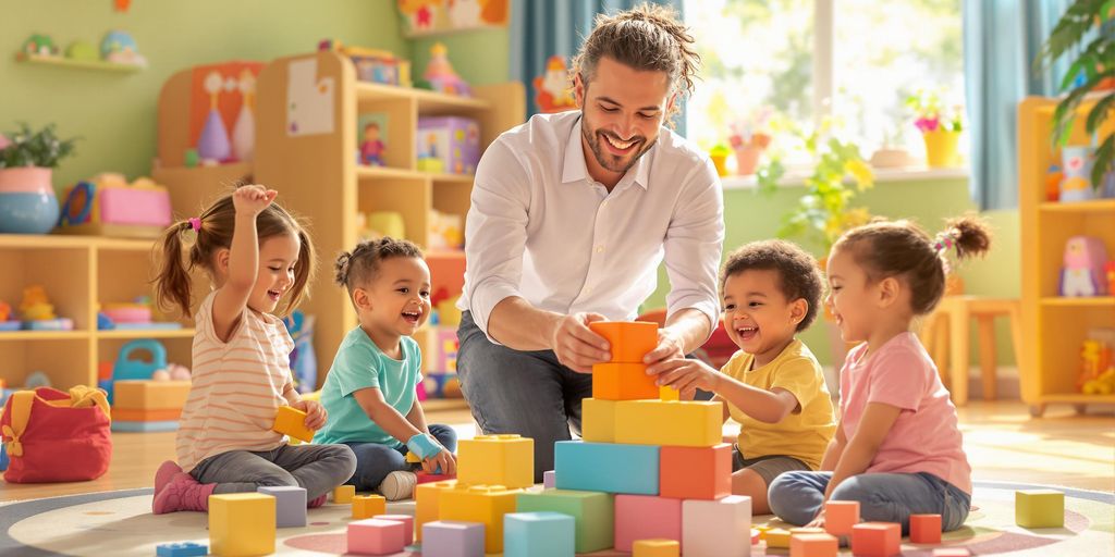 Preschool director with children playing.