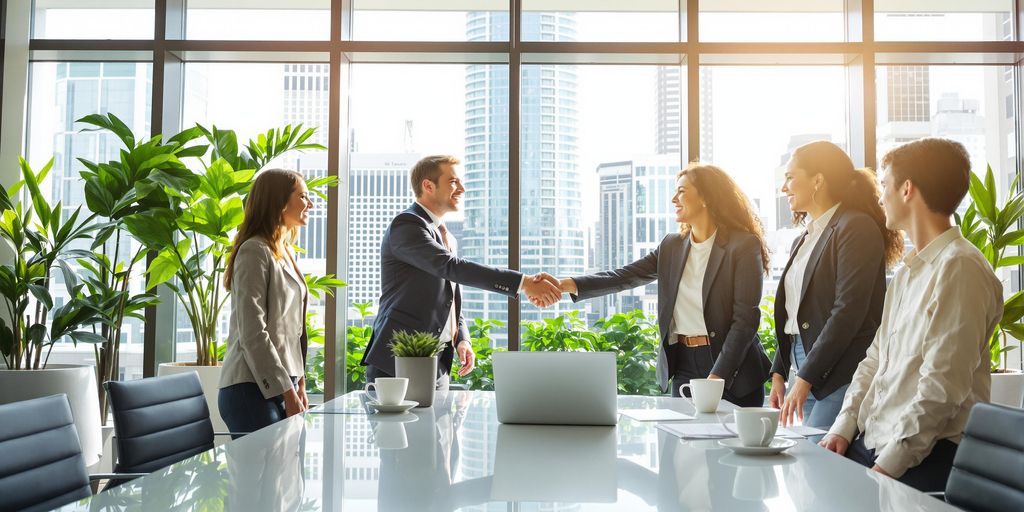 Group of professionals shaking hands in modern office with skyline.