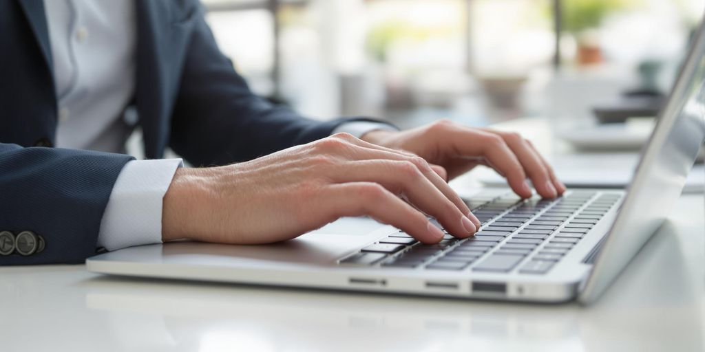 Person typing on laptop, professional, well-dressed, office setting.