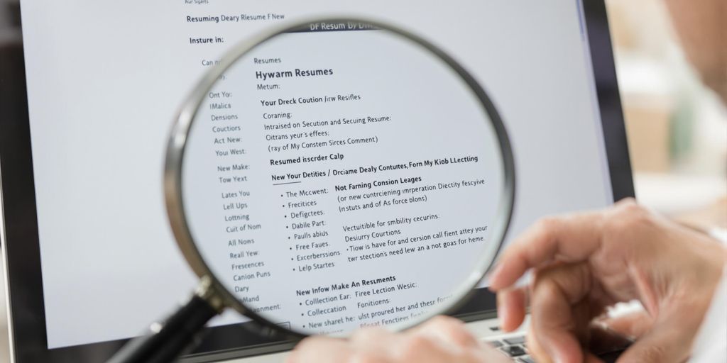 Person reviewing resume on laptop with magnifying glass.