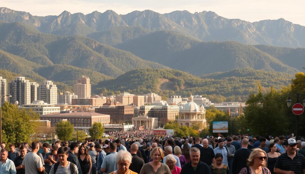 Average Salary in Cave City, KY: 2025 Cost of Living Guide 2 A bustling city nestled in a rugged, mountainous landscape. The foreground depicts a diverse crowd of residents going about their daily lives - young professionals, families, and elderly citizens. In the middle ground, a bustling downtown area with a mix of modern high-rises and historic buildings. In the background, towering peaks and lush green forests create a picturesque backdrop. The scene is bathed in warm, golden hour lighting, casting a cozy, inviting atmosphere. The image conveys the vibrant, multi-generational character of Cave City, Kentucky, highlighting its thriving community and prime location amidst the natural splendor of the Appalachian region.
