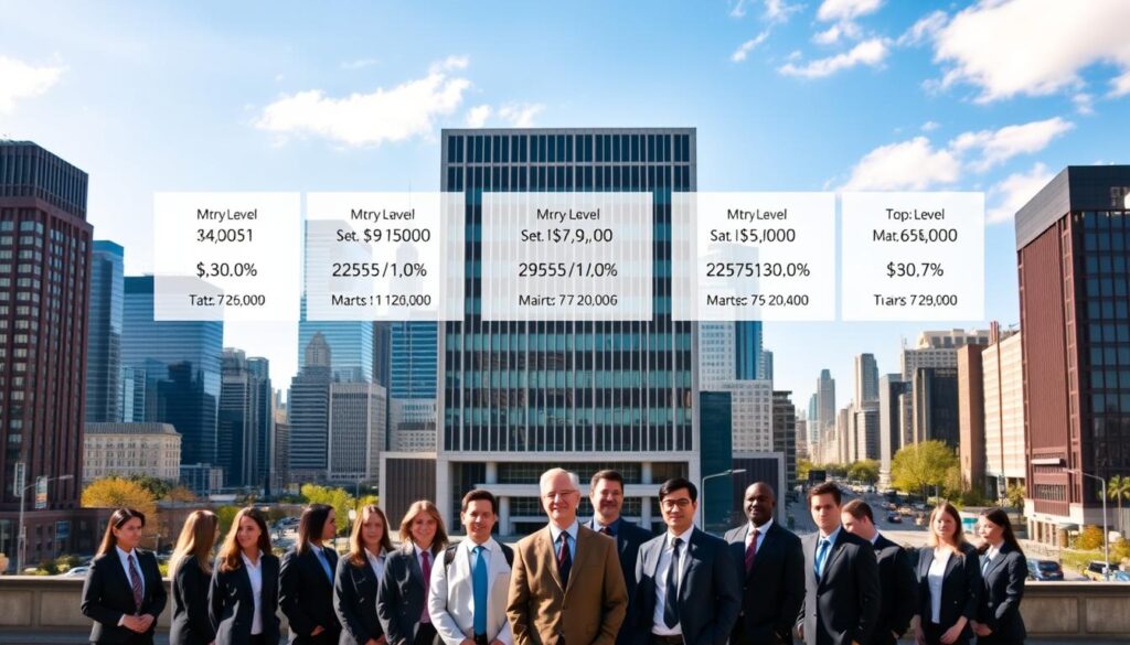Average Salary in Vidalia, GA: 2025 Cost of Living Guide 1 A bustling city skyline, with high-rise buildings and bustling streets, set against a backdrop of a clear blue sky. In the foreground, a group of city employees, dressed in professional attire, stands in front of a sleek, modern office building. Above them, a series of infographic-style panels showcase the varying salary ranges for different municipal roles, from entry-level positions to top-level management, presented in a clean, data-driven layout. The scene is illuminated by warm, natural lighting, creating a sense of professionalism and authority. The overall atmosphere conveys a well-organized, efficient city government, where transparency and fair compensation are prioritized.