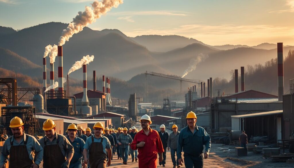 Average Salary in Cave City, KY: 2025 Cost of Living Guide 1 A bustling industrial district in the heart of Cave City, Kentucky, where the hum of machinery and the rhythmic clanking of tools set the tempo of the local economy. In the foreground, workers in hard hats and overalls stride purposefully, their faces etched with determination as they navigate the intricate web of factories and warehouses. The middle ground reveals towering smokestacks belching gray plumes, casting long shadows across the landscape, while the background is dominated by the towering peaks of the Appalachian mountains, their jagged silhouettes a testament to the rugged terrain that has shaped the region's industry. The scene is bathed in warm, golden light, lending an air of prosperity and progress to the scene, as the image captures the pulse of Cave City's evolving wage trends.