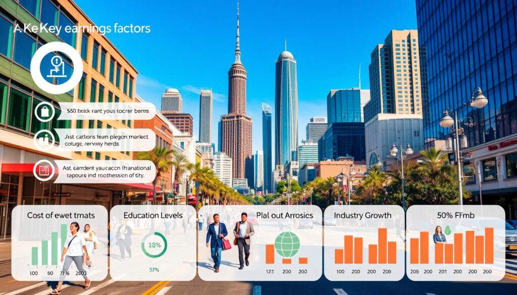 A detailed analysis of key earnings factors in a vibrant, modern city setting. In the foreground, a stylized data visualization showcases influential elements like job market trends, cost of living, education levels, and industry growth. The middle ground features a bustling urban streetscape with diverse professionals commuting to work, conveying the dynamism of the local economy. In the background, towering skyscrapers and a clear blue sky create an aspirational, prosperous atmosphere. Warm, natural lighting accentuates the clean, minimalist aesthetic. The overall composition aims to visually encapsulate the multifaceted drivers of earnings potential in the region.