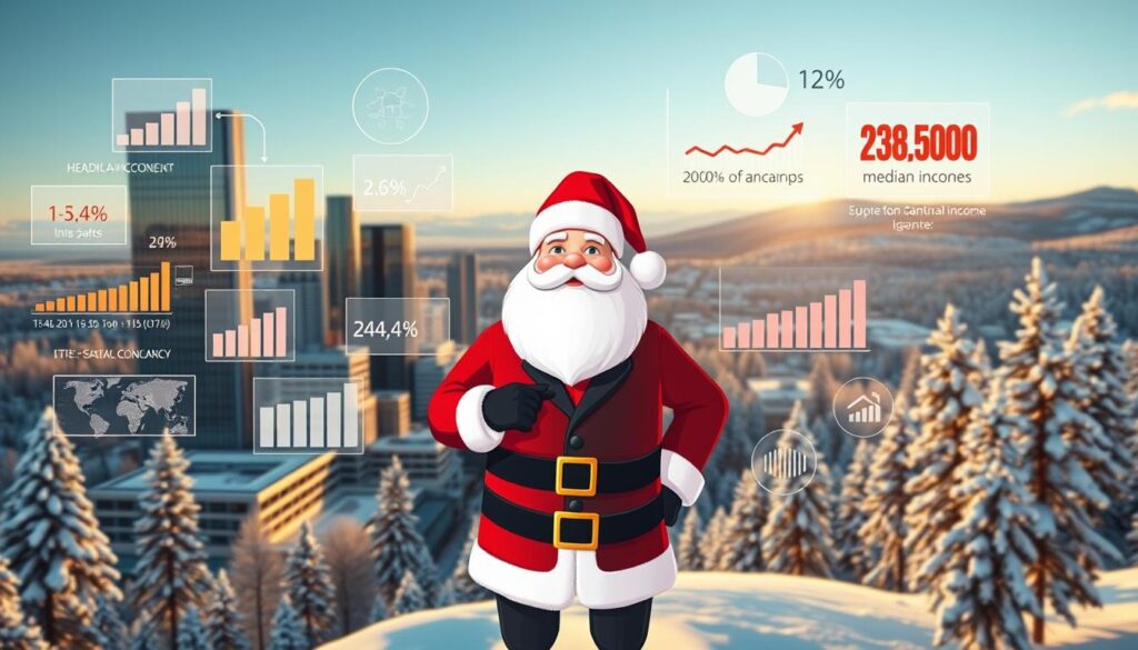 Average Salary in Santa Claus, GA: 2025 Cost of Living Guide 1 A detailed data visualization depicting the median income in Santa Claus, Georgia. The foreground shows a stylized Santa Claus figure in a professional business attire, surrounded by floating data charts, graphs, and infographics illustrating the economic metrics. The middle ground features a sleek, modern cityscape with skyscrapers and technology hubs, conveying the progressive, data-driven nature of the town. The background showcases a serene winter landscape with snow-covered pine trees, hinting at the town's festive, holiday-themed identity. The overall scene is bathed in a warm, golden light, creating a welcoming and prosperous atmosphere. The image is rendered with a sophisticated, photorealistic style to amplify the sense of authority and credibility.