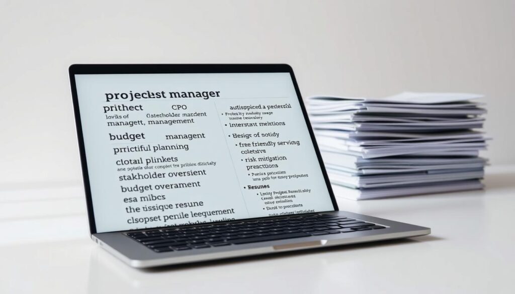 A detailed project manager resume optimized for applicant tracking systems, displayed on a clean white background. In the foreground, a laptop screen showcases various ATS-friendly keywords and phrases, such as "project planning", "stakeholder management", "budget oversight", and "risk mitigation". In the middle ground, a stack of resumes and documents represents the competitive job market. The background is softly lit, conveying a professional and polished atmosphere, emphasizing the importance of strategic resume optimization for career advancement.