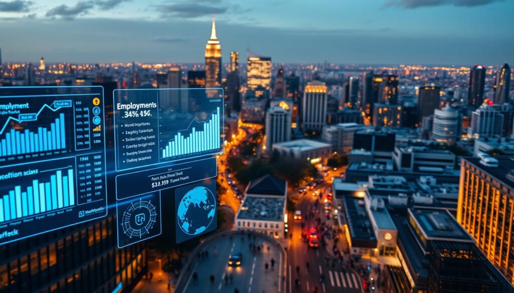 A detailed regional job market analysis against a backdrop of a bustling city skyline. In the foreground, a series of holographic data visualizations float, displaying employment trends, industry growth rates, and workforce demographics. The middle ground features a bustling urban street scene, with people rushing to and from various office buildings and commercial hubs, reflecting the dynamic nature of the local economy. In the background, a sweeping panorama of the city's skyscrapers and infrastructure, illuminated by warm, golden lighting that lends an air of prosperity and progress. The overall scene conveys a sense of data-driven decision-making, economic vibrancy, and the interconnected nature of the regional job market.
