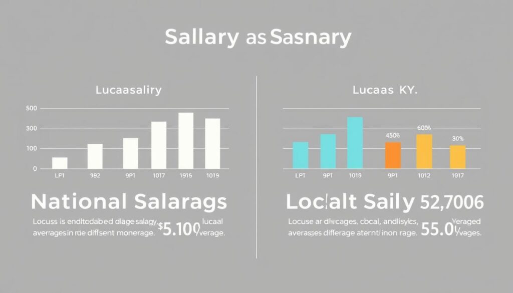 A sleek, minimalist infographic showcasing a side-by-side comparison of national salary averages and the local salary figures for Lucas, KY. The scene features a clean, data-driven layout with crisp typography and subtle color accents. Detailed bar graphs depict the key statistics, set against a muted, monochromatic background that allows the information to take center stage. The overall composition conveys a sense of clarity and professionalism, designed to effectively illustrate the salary differences between the national landscape and the specific regional context of Lucas, KY.