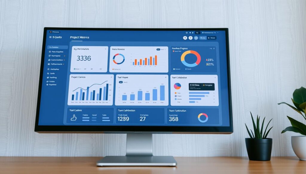 A sleek, modern project metrics dashboard displayed on a high-resolution computer monitor. The dashboard features a clean, minimalist design with charts, graphs, and infographics showcasing quantifiable project achievements. The foreground displays key performance indicators, timeline progress, and resource utilization metrics. The middle ground includes a team collaboration section with task completion rates and individual contributor performance. The background features a subtle, neutral-toned wallpaper that provides a professional, corporate ambiance. The lighting is soft and even, creating a sense of clarity and focus. The camera angle is slightly elevated, giving a comprehensive overview of the dashboard's comprehensive, data-driven project insights.