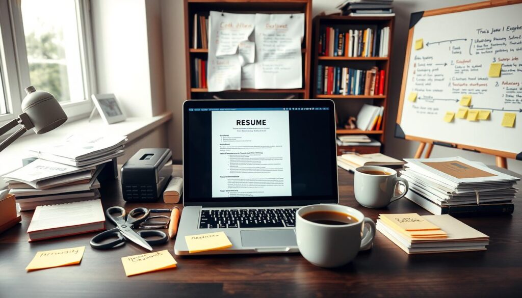 A well-lit, high-quality photograph of a project manager's desk, showcasing different strategies for tailoring a resume. In the foreground, a laptop displays an editable resume template. Surrounding it, neatly arranged are a pair of scissors, a highlighter, and post-it notes with job-specific keywords. In the middle ground, a stack of industry-relevant job descriptions and a cup of coffee create a focused, productive atmosphere. In the background, a bookshelf filled with project management resources and a wall-mounted whiteboard with brainstormed resume ideas establish a professional, organized work environment. The overall scene conveys the importance of customizing a resume to match specific job requirements.