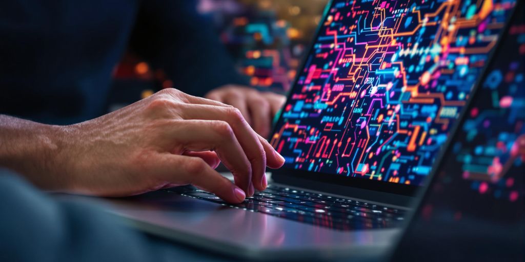 Laptop with colorful product data.