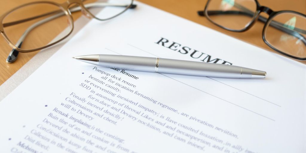 Polished resume, pen, and glasses on a wooden desk.