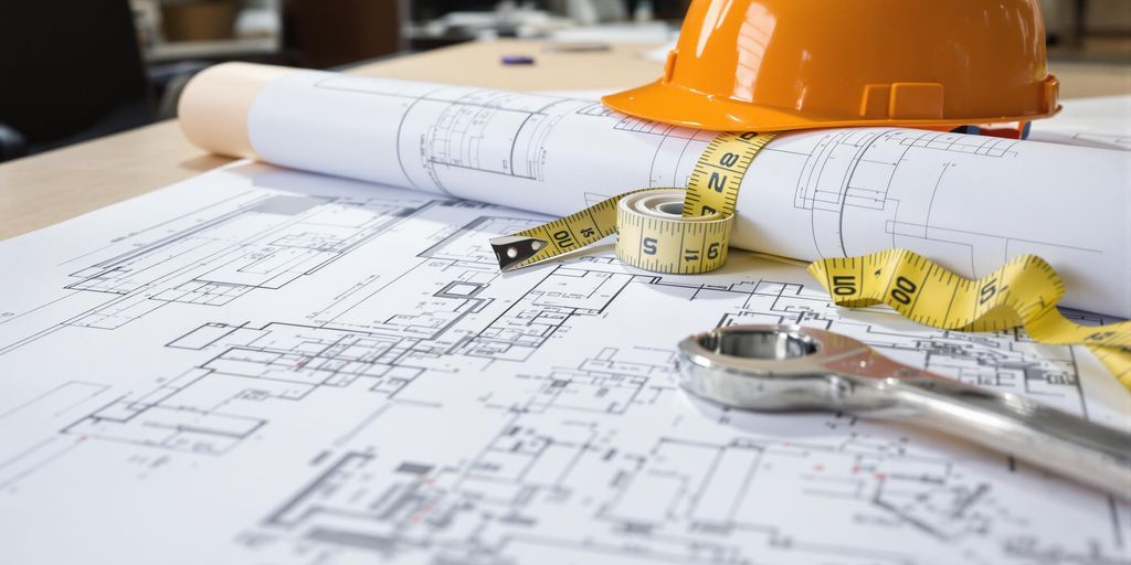 Architectural drawings with construction tools.
