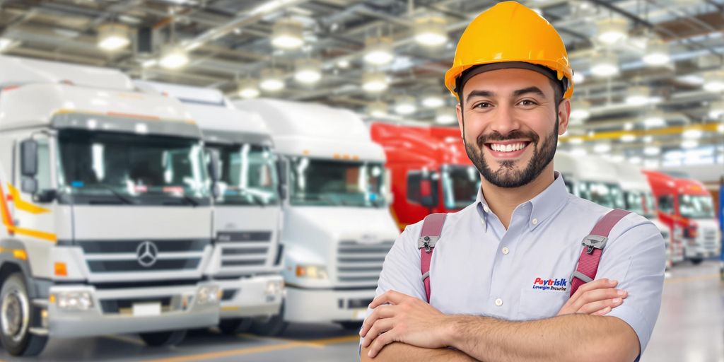 Fleet manager with trucks smiling