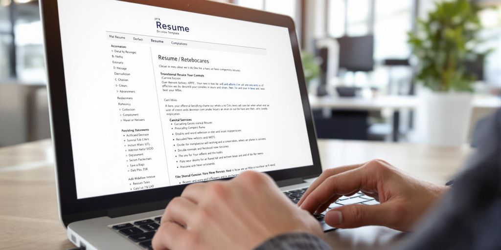 Laptop with resume on screen, professional setting.