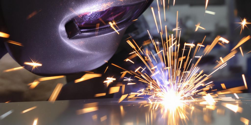 Welder working with sparks flying in industrial setting.
