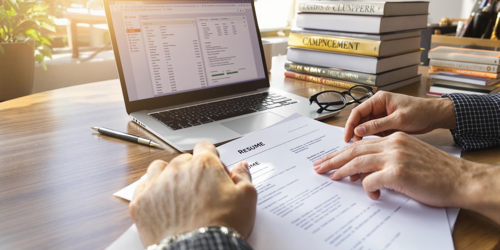 Business analyst perfecting resume at desk