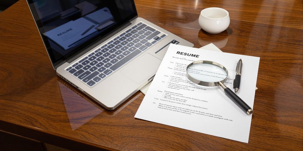Laptop, resume, magnifying glass