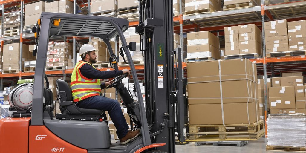 Forklift operator in warehouse with pallets.