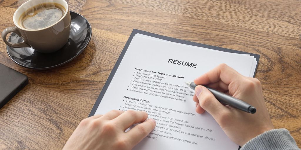 Resume on desk with hands, pen, and coffee.