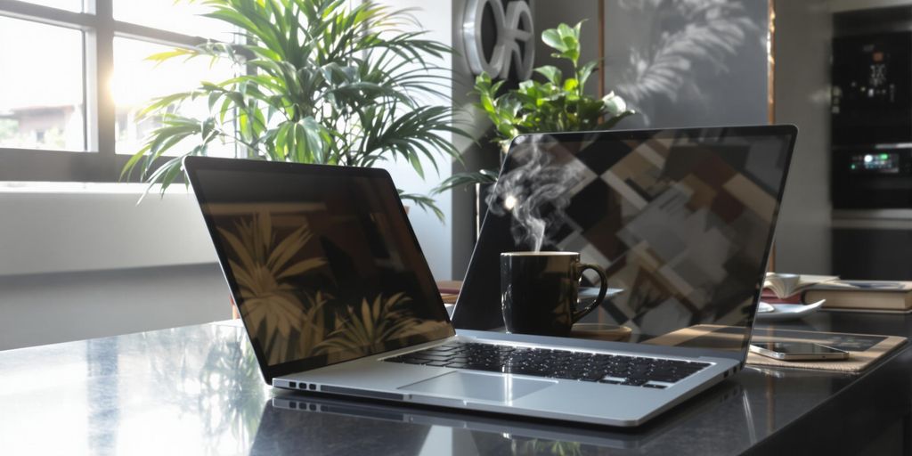 Recruiter's desk with computer, coffee