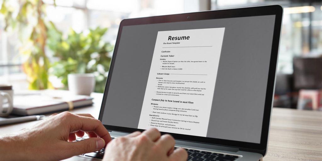 Laptop with resume template on screen, diverse hands typing.