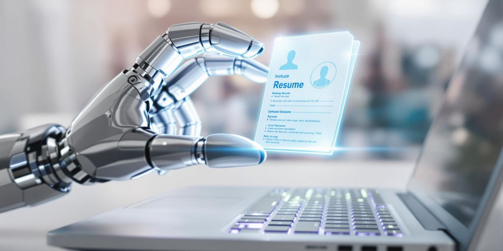Robot hand holds glowing resume over keyboard.