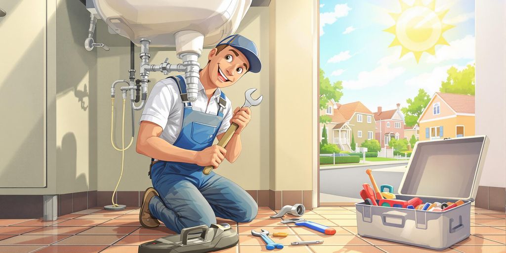 Plumber kneels under sink tightening pipe with toolbox on floor