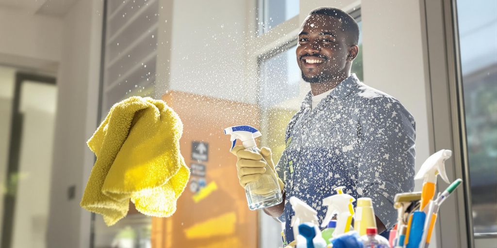 Person cleaning, smiling, with cleaning tools.