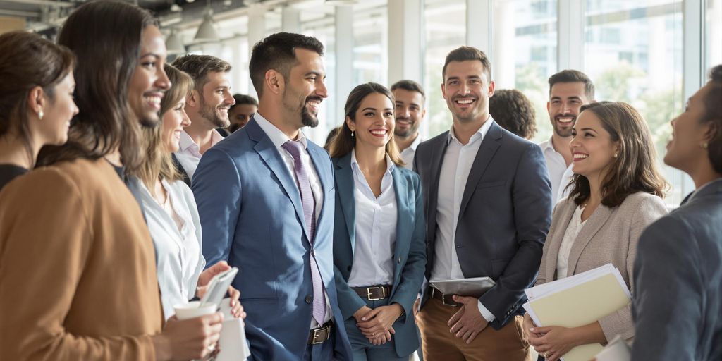 Smiling diverse professionals in a modern office.