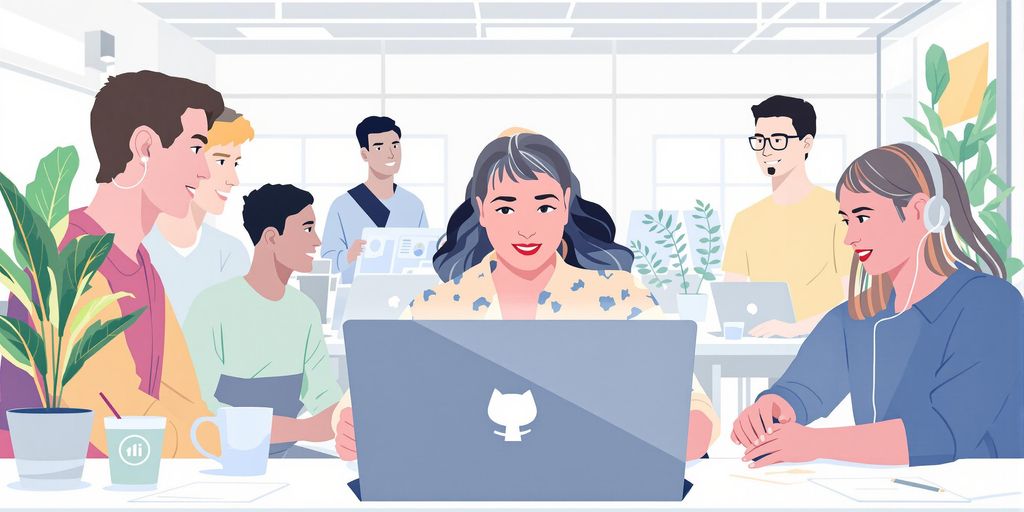 Laptop with GitHub logo, diverse interns collaborating