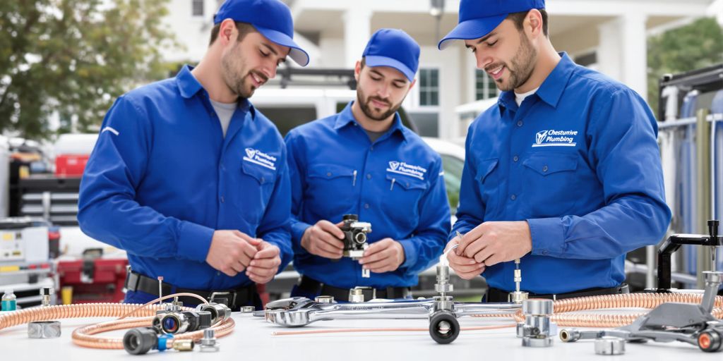 Three plumbers inspecting copper pipes with a wrench at workbench